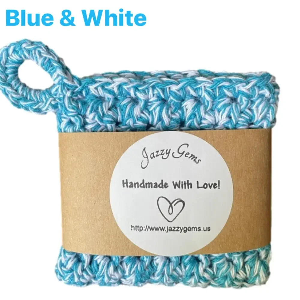 5 Crochet Washcloths Dishcloths with Hanging Loop 100% Cotton Handmade Bundle